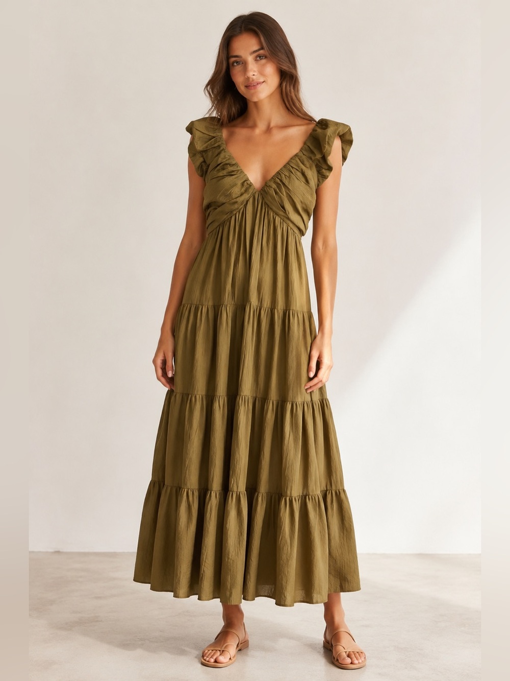 MABLE Olive Green Tiered Maxi Dress Size Small
